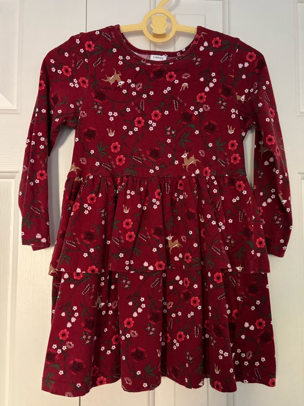 LINDEX Girls' Red Floral Tiered Long-Sleeve Dress